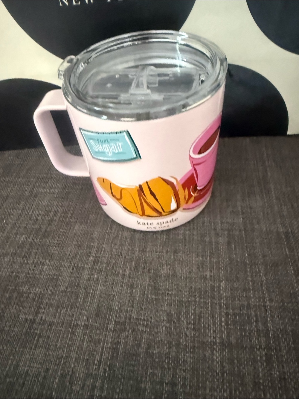 kate spade Pink Croissant & Coffee Travel Tumbler with Handle